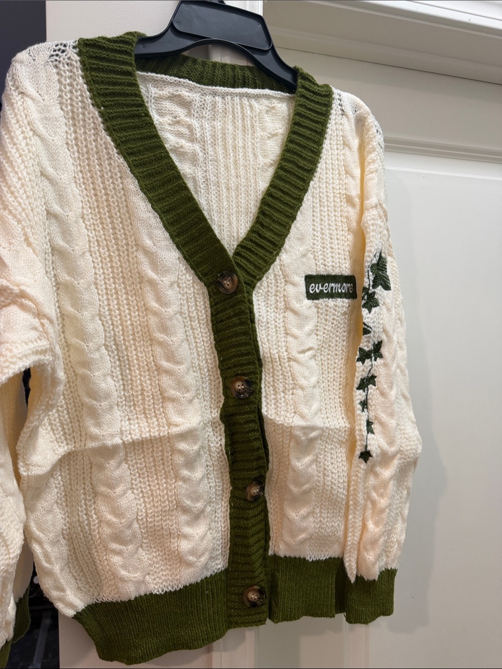 & Other Stories Cream Cardigan with Olive Trim and Ivy Embroidery Patch